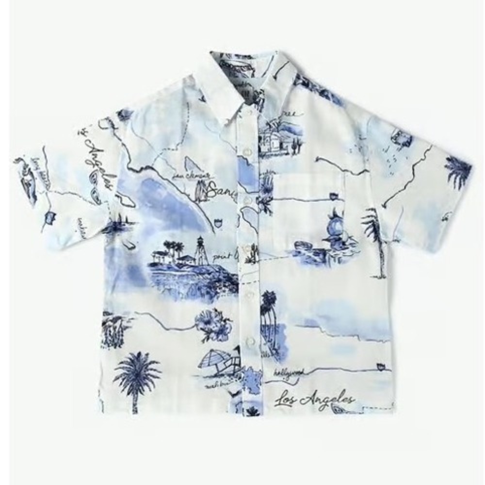 Baby Gap Boys California Map Print Linen Cotton Button Down Shirt 18-24 Months